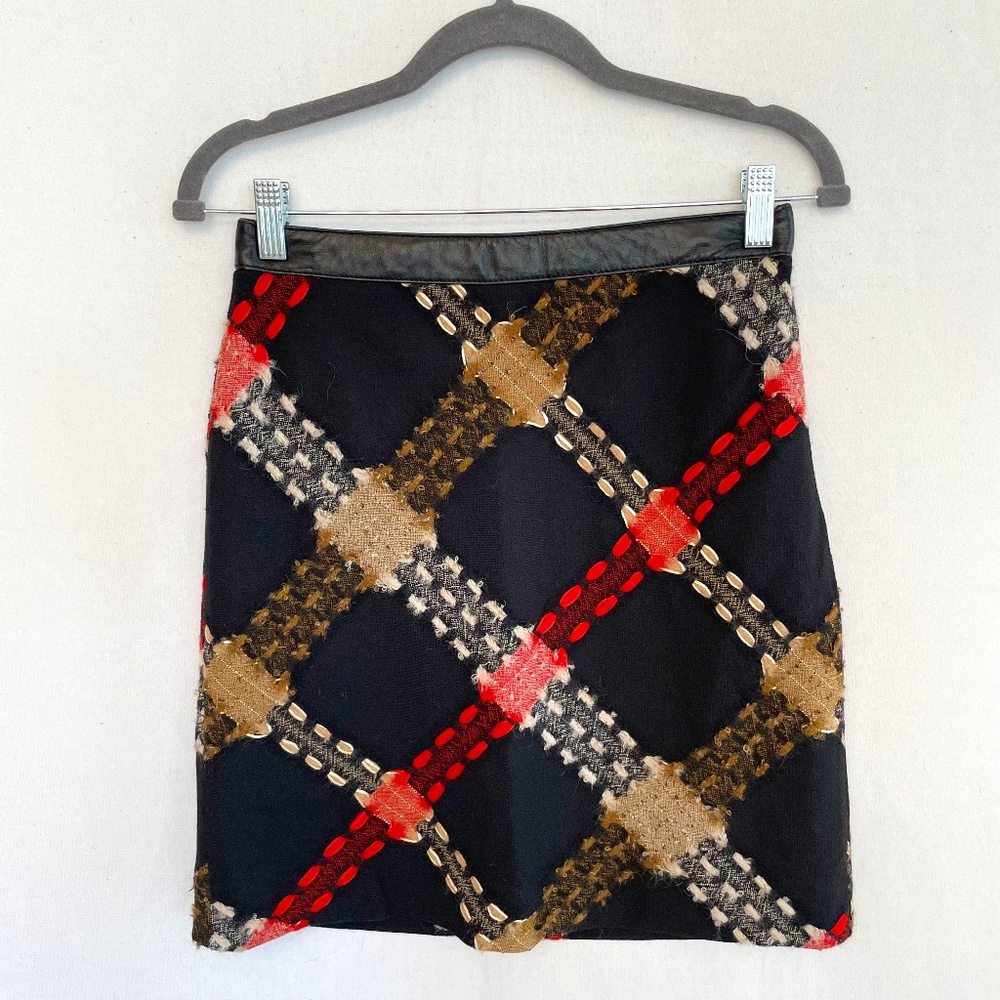 WORTH Women's Size 0 Leather Waistband Wool Plaid Mini Skirt